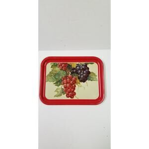 3 Cottagecore Metal Lap Trays, Grapes & Vine, Red Border, Vintage Wine Tray
